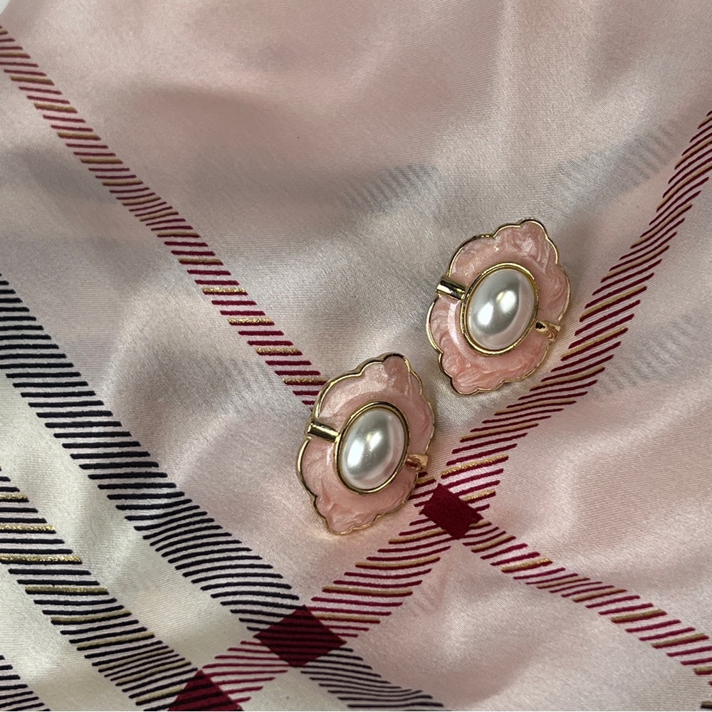 Pink Enamel & Pearl Oval Flower Clip-On Earrings